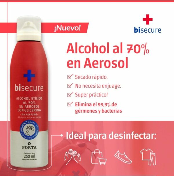 Alcohol Spray 70% en Aerosol Bisecure 250ml - Imagen 2