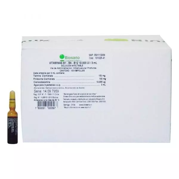 Vitaminas B1 - B6 - B12 10.000 UI / 3 Ml x 3 Ampollas Solución Inyectable
