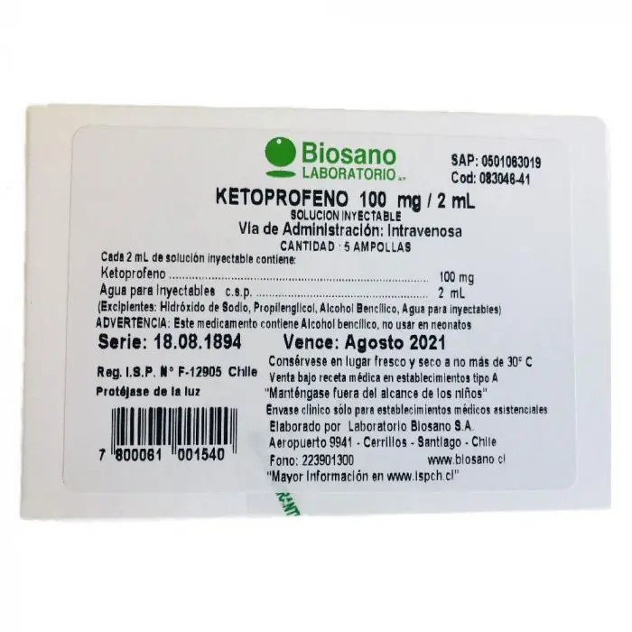 Ketoprofeno 100 mg/2Ml 5 Ampollas (Biosano)