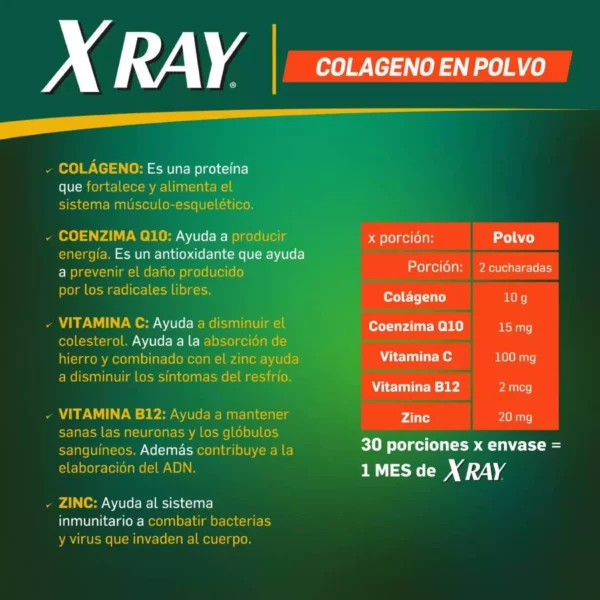 XRAY Colágeno Vitamina B12, Vitamina C, ZINC +Q10 321 Gr - Imagen 3