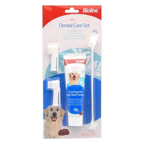 Bioline Kit Cepillos + Pasta Dental Perro Sabor Carne, 100gr