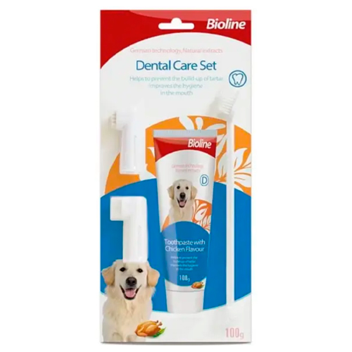 Bioline Kit Cepillos + Pasta Dental Perro Sabor Pollo, 100gr