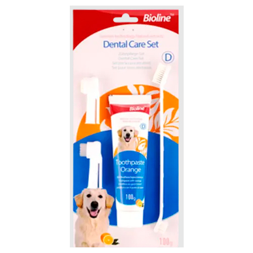 Bioline Kit Cepillos + Pasta Dental Perro Sabor Naranja, 100gr